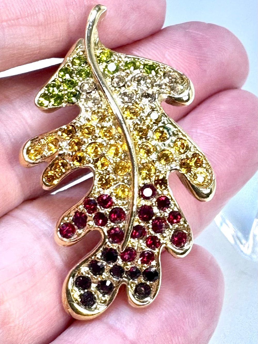 Monet Gold-Tone Multicolor Leaf Crystal Brooch